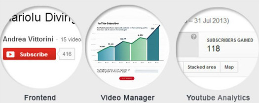 Three circular cropped screenshots showing different sections of a YouTube channel: the frontend with a subscribe button, a subscriber growth chart in the Video Manager, and subscriber data in YouTube Analytics.