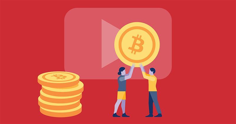 Algunas personas juegan bitcoin alrededor del logo de youtube