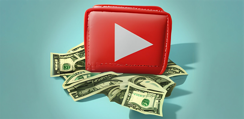 Cartera roja con logo de Youtube y dolares en la parte inferior