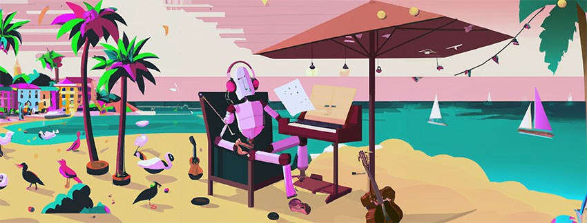A robot under a Beach Umbrella compose a song with a synth 