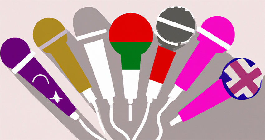 Many microphones with different flags 