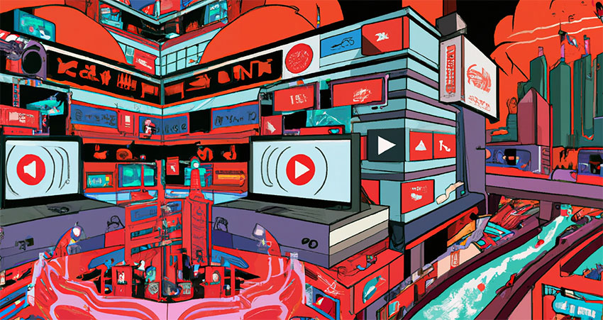 A sci-fi technological metaverse cityscape filled with red billboards and screens showing various YouTube livestreams