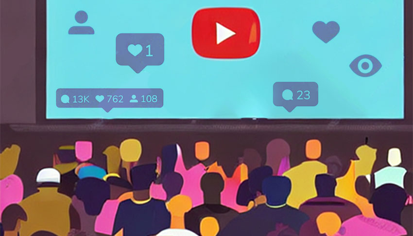 Engaged Crowd Watching YouTube Video with Increasing Views and Likes - Illustration of Social Proof Concept
