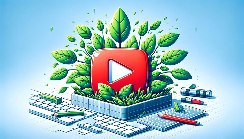 A red YouTube play symbol amidst flourishing nature