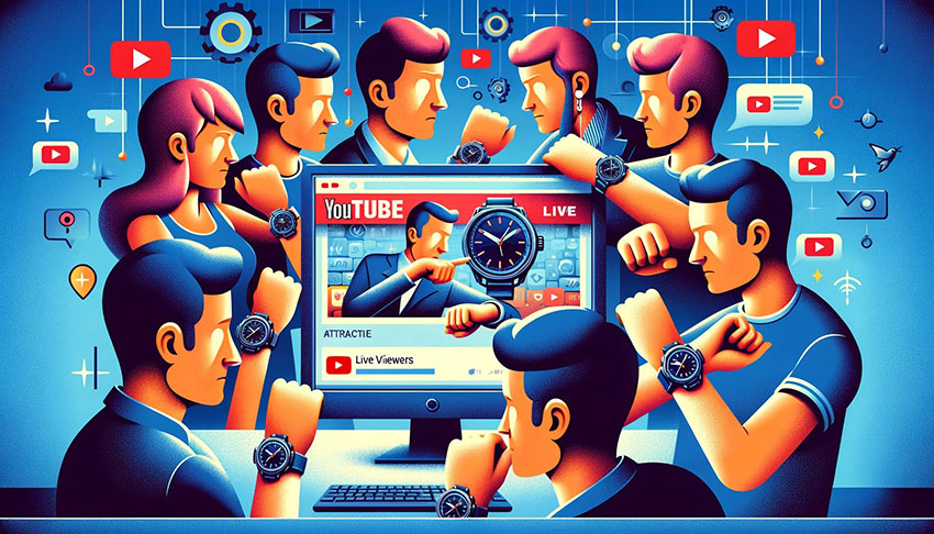 Several characters wearing wristwatches, glancing at their watches while watching a YouTube live stream on a monitor, representing the concept of attracting live viewers on YouTube.