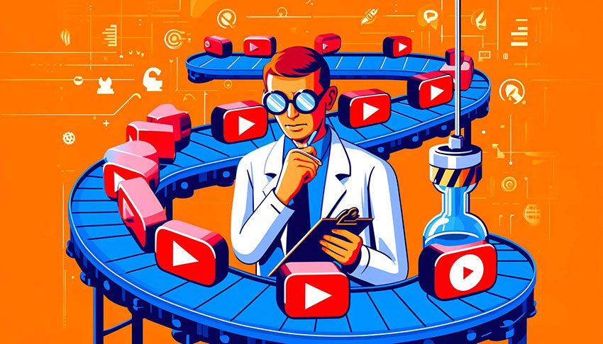 A scientist-like figure with glasses holding a clipboard and pen, performing quality control on a conveyor belt with YouTube play symbols, representing counting live YouTube views.