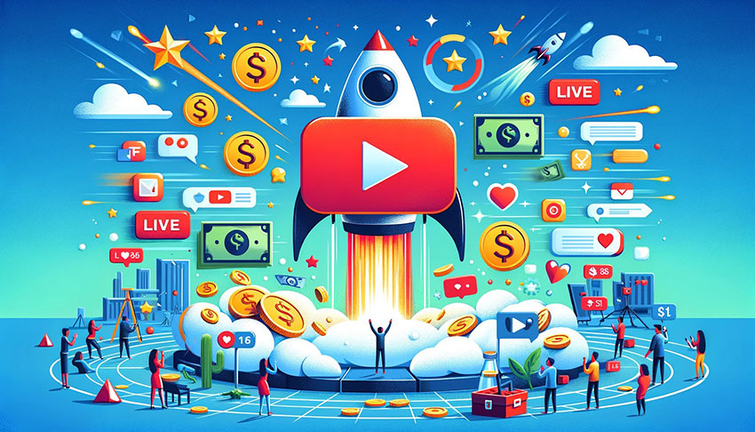 The YouTube play button transformed into a launching rocket symbolizes the increase in live stream views and earnings.