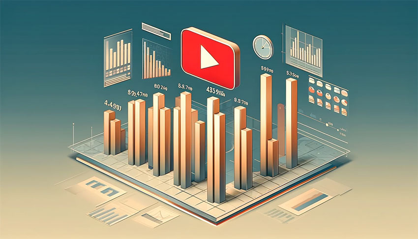 Flat vector 2D illustration representing the analysis of YouTube watch time data with colorful bar graphs, each topped with a clock and YouTube logo, emphasizing the importance of watch time metrics for channel growth