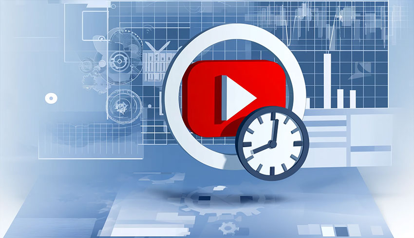 Flat vector 2D illustration representing YouTube watch time not updating, featuring a YouTube play button with a clock and calendar symbolizing delay, surrounded by bar graphs and charts indicating data analysis, with gears and digital lines in the background.
