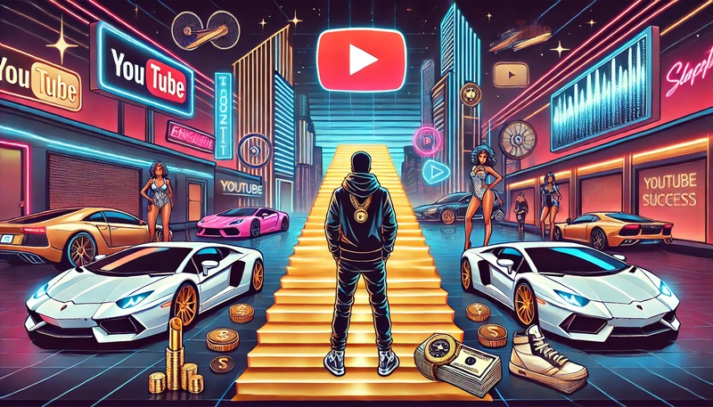 A futuristic neon cityscape featuring luxury cars, gold coins, and a man standing before golden stairs leading to a giant YouTube logo. The scene symbolizes YouTube success, digital wealth, and influencer marketing.