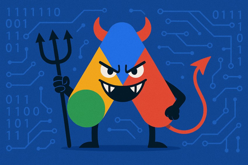 Google Ads depicted as ironically evil Google Ads logo with an ironically evil expression, a critical take on the "Don't Be Evil" motto