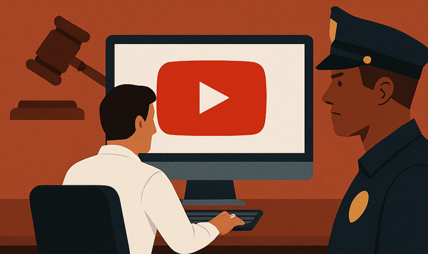 Man sitting at a computer with the YouTube logo on screen, watched by a police officer and a judge’s gavel – a metaphor for arbitrary censorship by Google Ads.