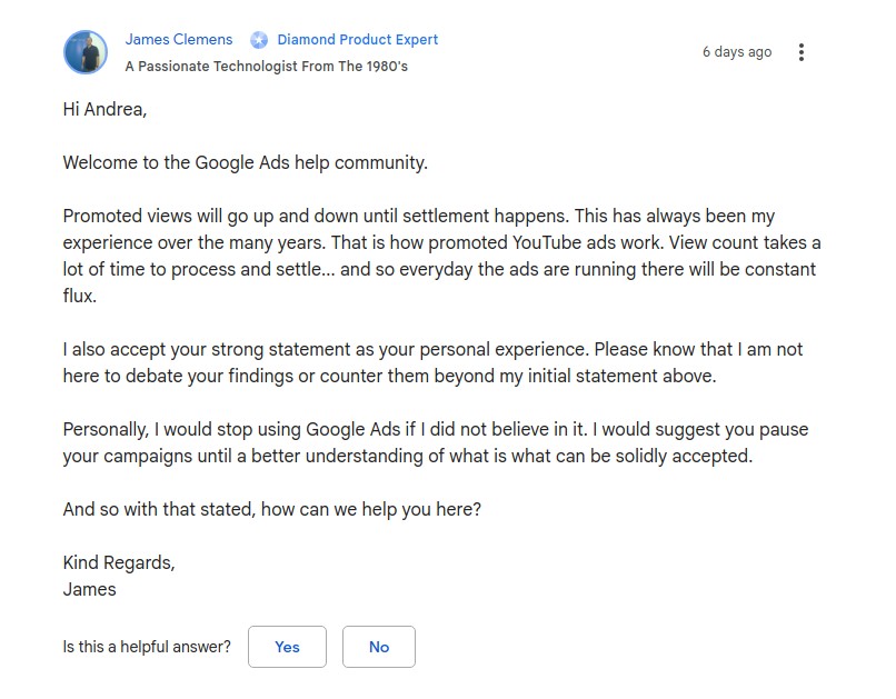 Response from an expert in the Google Ads help community about promoted view fluctuations. Screenshot of a response from an expert in the Google Ads help community explaining the fluctuation of promoted YouTube views