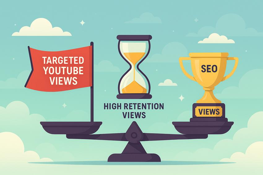 Flat illustration of a balance scale comparing different types of YouTube views: Targeted YouTube Views with a flag, High Retention Views with an hourglass, and SEO Views with a trophy