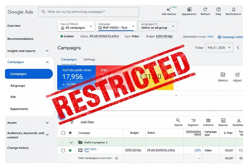 Google Ads dashboard showing restricted content YouTube video campaign performance and delivery metrics