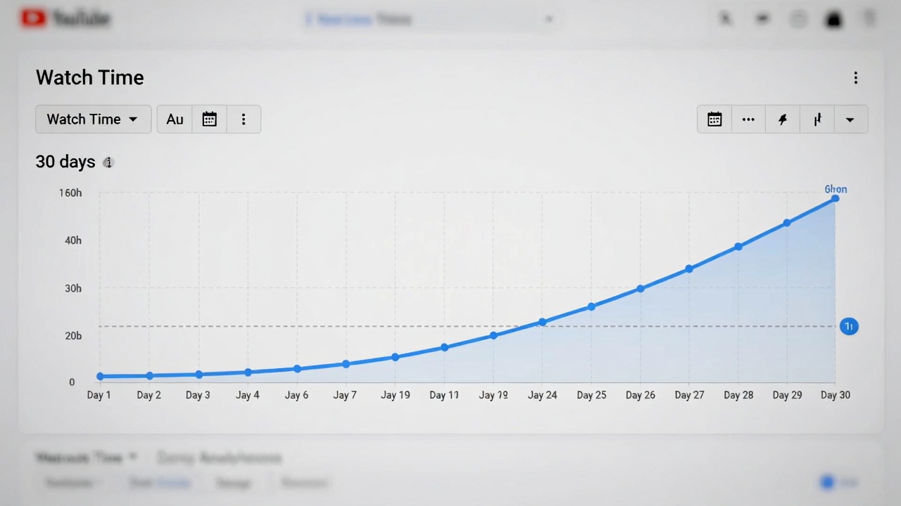 Watch time gradual accumulation example YouTube watch time graph showing gradual cumulative growth over a 30-day period