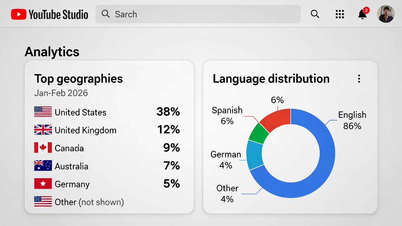 Targeted promotion: geo and language signal clarity YouTube Studio Analytics dashboard showing top geographies and language distribution for a targeted campaign, with most views from English-speaking regions.