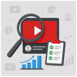 YouTube Video and Channel Analysis icon with magnifying glass, play button, analytics chart and checklist